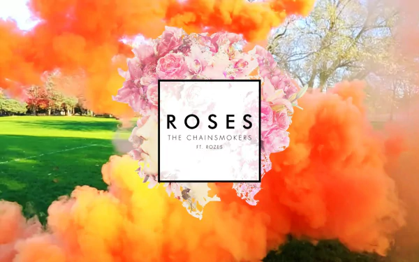 HD desktop wallpaper featuring vibrant orange clouds with Roses - The Chainsmokers ft. Rozes text overlaying a serene park scene.