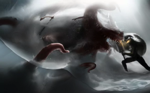 4K Ultra HD anime wallpaper featuring Guts from Berserk battling a monstrous, shadowy creature in a dark, misty atmosphere.