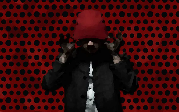 HD desktop wallpaper of Twenty One Pilots with a figure in a red hat against a dotted background.