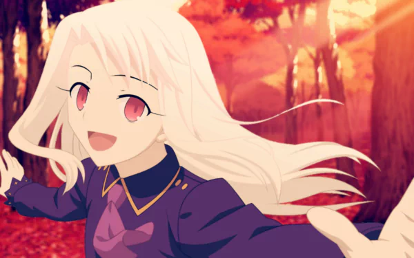 HD wallpaper of Illyasviel Von Einzbern from the anime Fate/Stay Night: Unlimited Blade Works, featuring her in a forest with autumnal hues and a radiant, cheerful expression.