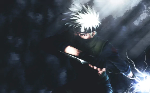 HD desktop wallpaper of Kakashi Hatake from Naruto anime, featuring him in a dynamic pose with a glowing hand in dark surroundings.