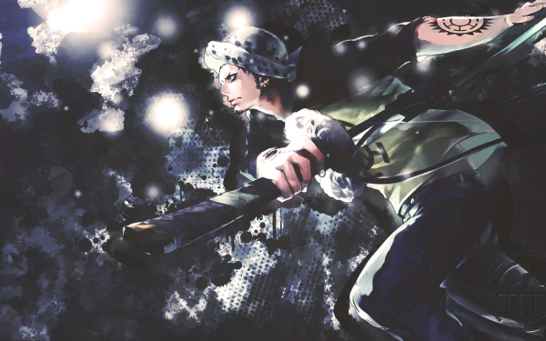 HD desktop wallpaper featuring Trafalgar Law from the anime One Piece, with a dynamic pose and dark, atmospheric background.
