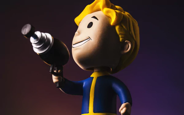 HD desktop wallpaper featuring a detailed Vault Boy figurine from the Fallout video game, holding a tool against a dark gradient background.