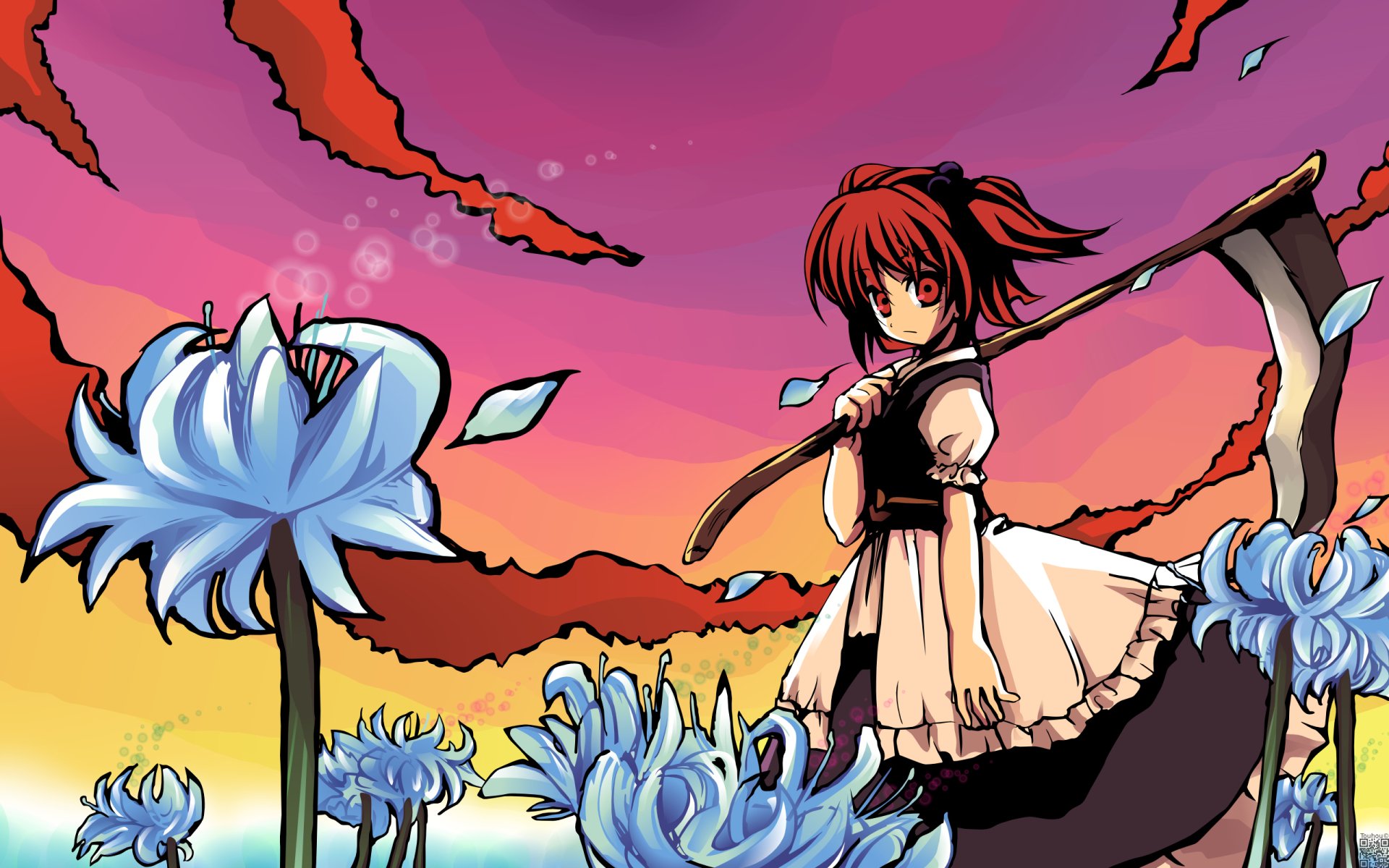Komachi Onozuka (Touhou) 2K Quad HD PC desktop wallpaper — standing with a scythe among blue flowers under a crimson sunset.