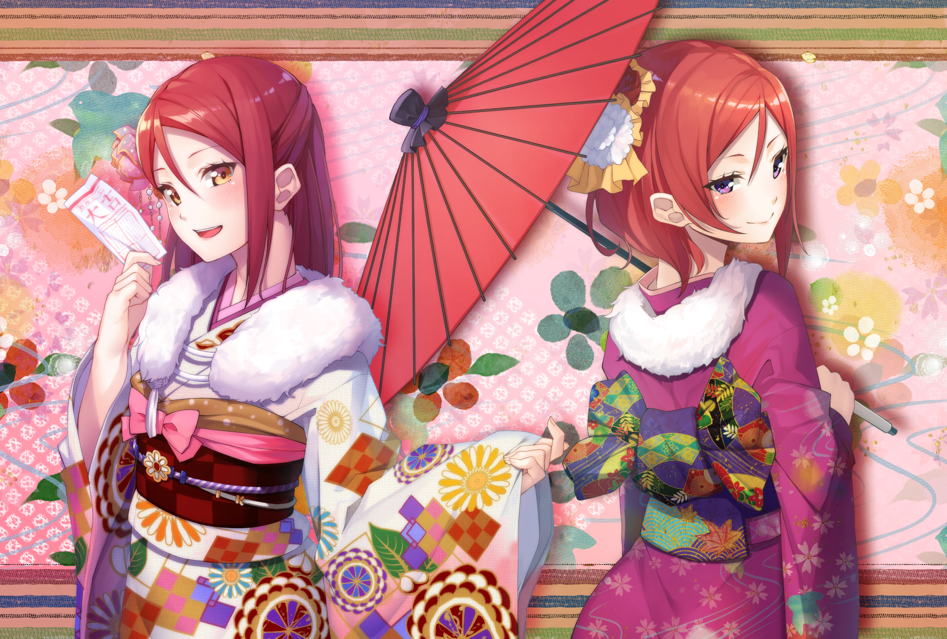 HD anime desktop wallpaper featuring Love Live! characters Maki Nishikino and Riko Sakurauchi in colorful traditional kimonos with a floral and patterned background.