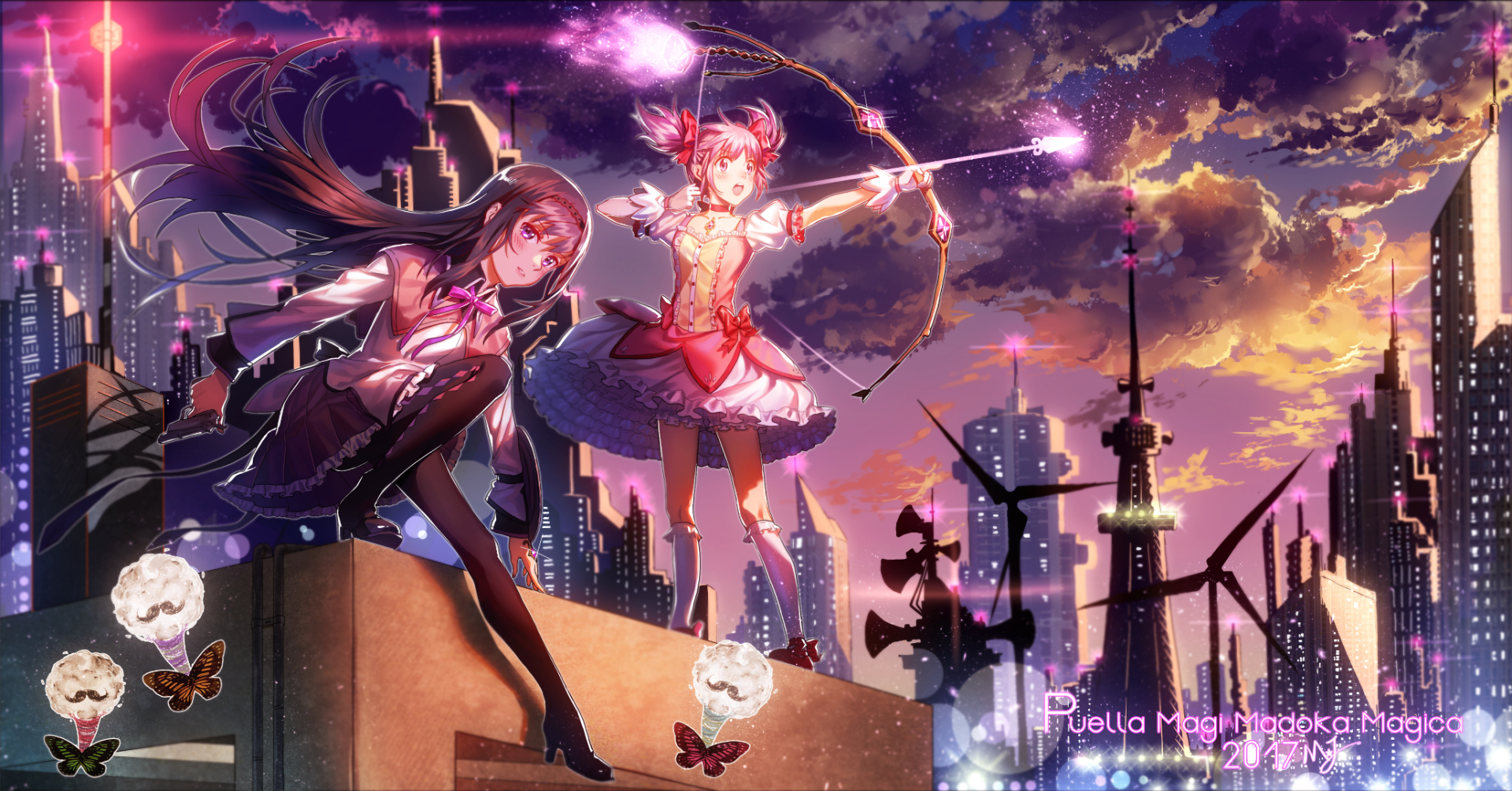 HD PC wallpaper featuring Madoka Kaname and Homura Akemi from the anime Puella Magi Madoka Magica, set against a vibrant cityscape at sunset.
