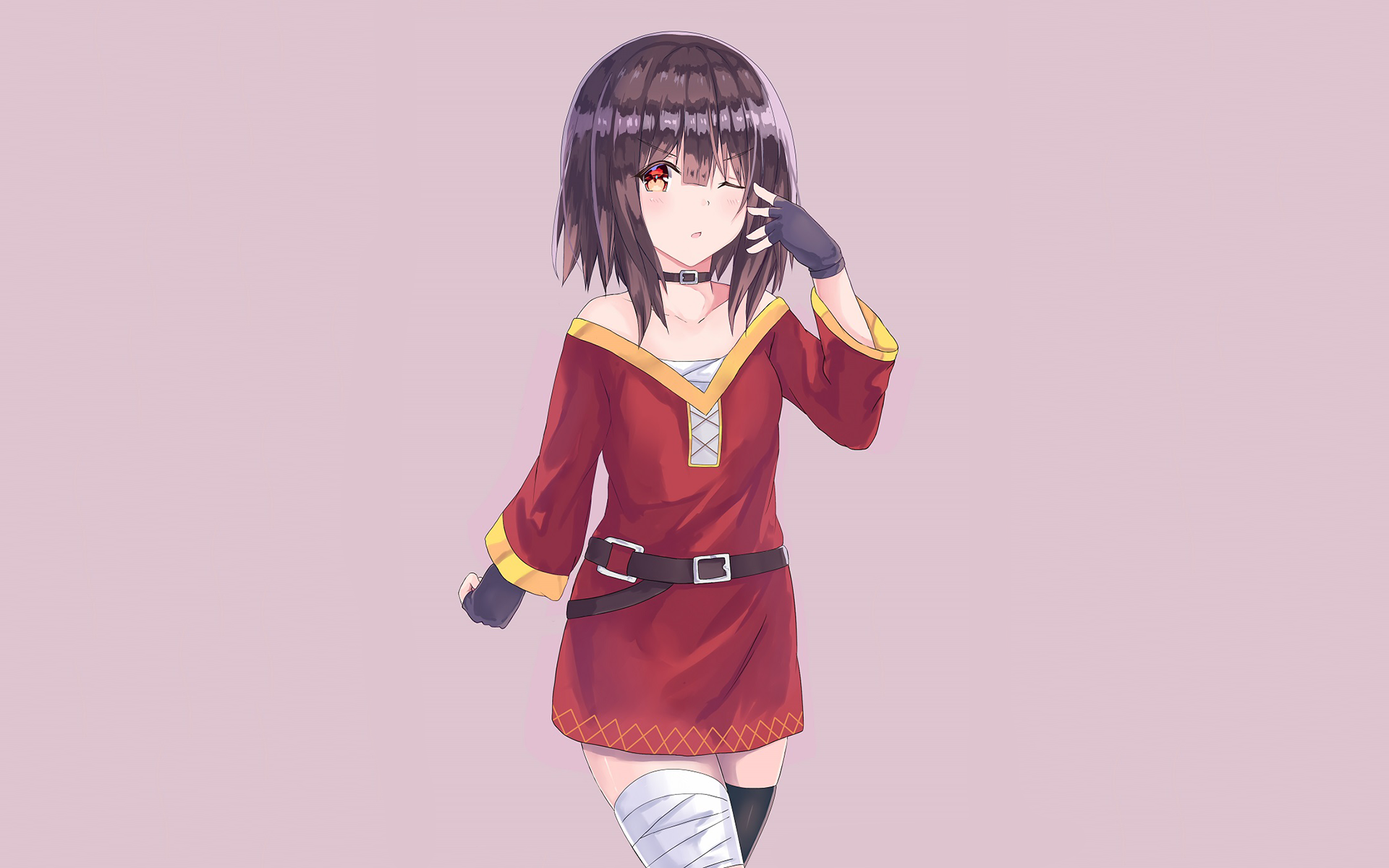 HD desktop wallpaper featuring Megumin from KonoSuba: God’s Blessing on This Wonderful World!!. She is depicted in her signature outfit against a light purple background.