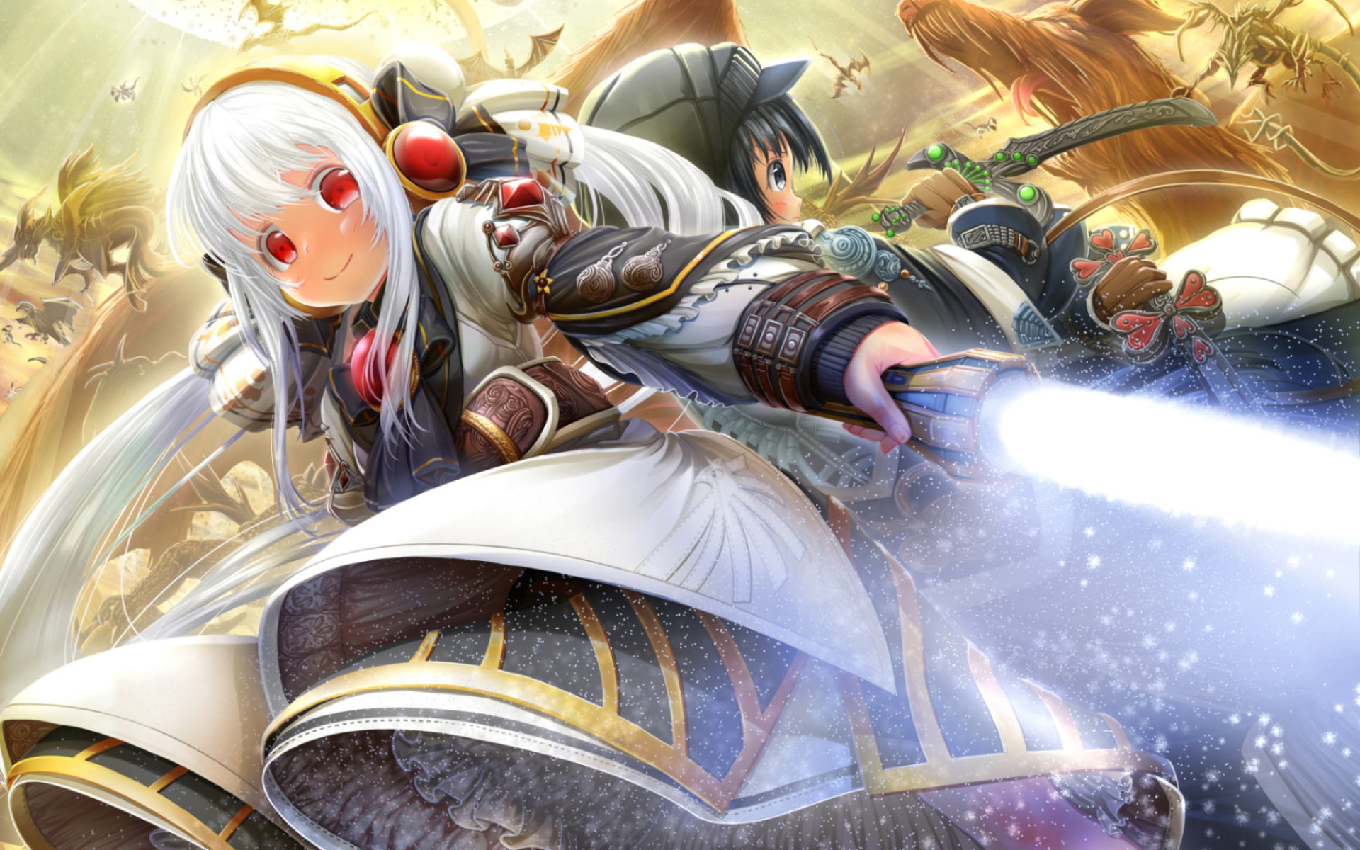 HD anime wallpaper featuring original characters in a dynamic pose with vibrant colors and intricate details. One character wields a glowing sword, set against a fantastical background.
