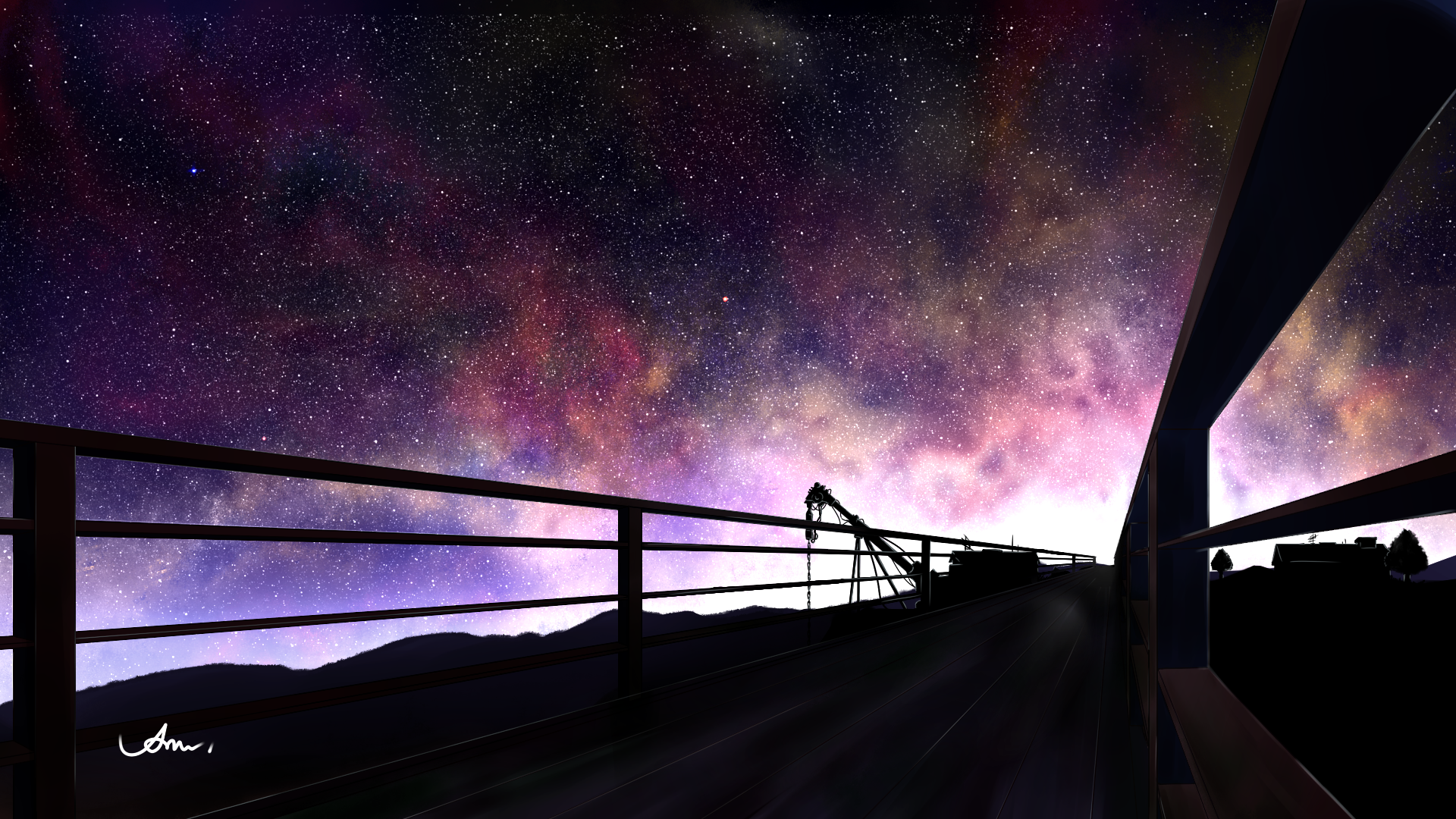 HD desktop wallpaper featuring an original anime art. A serene night sky full of stars is viewed from a bridge, creating a captivating and tranquil background.