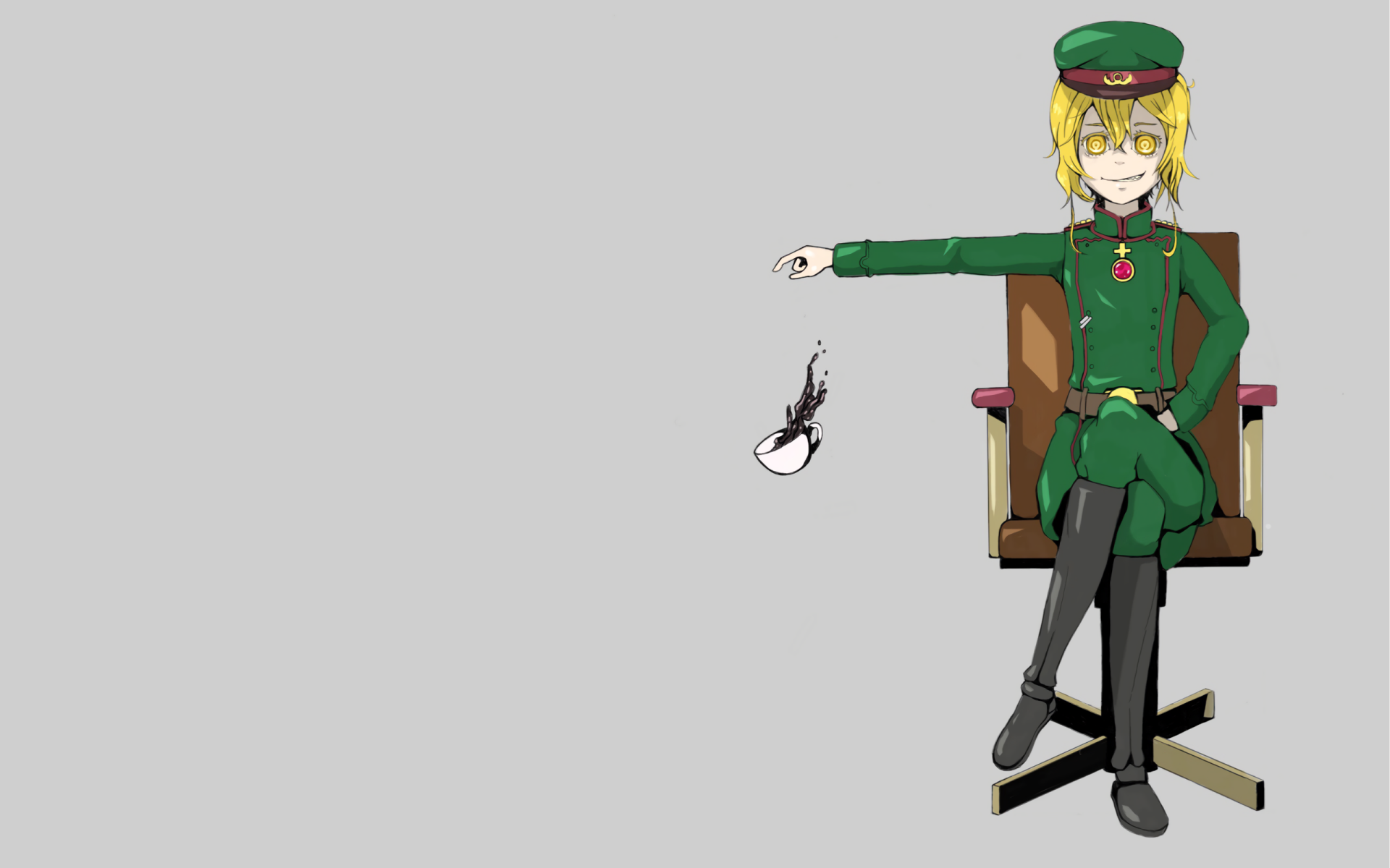 Anime wallpaper: Tanya Degurechaff from The Saga of Tanya the Evil in military uniform seated on a chair, minimalist gray 2K Quad HD PC desktop background.