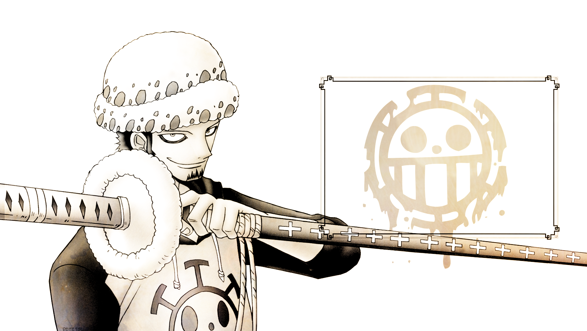 HD desktop wallpaper of Trafalgar Law from the anime One Piece, featuring him holding his sword with a logo in the background.