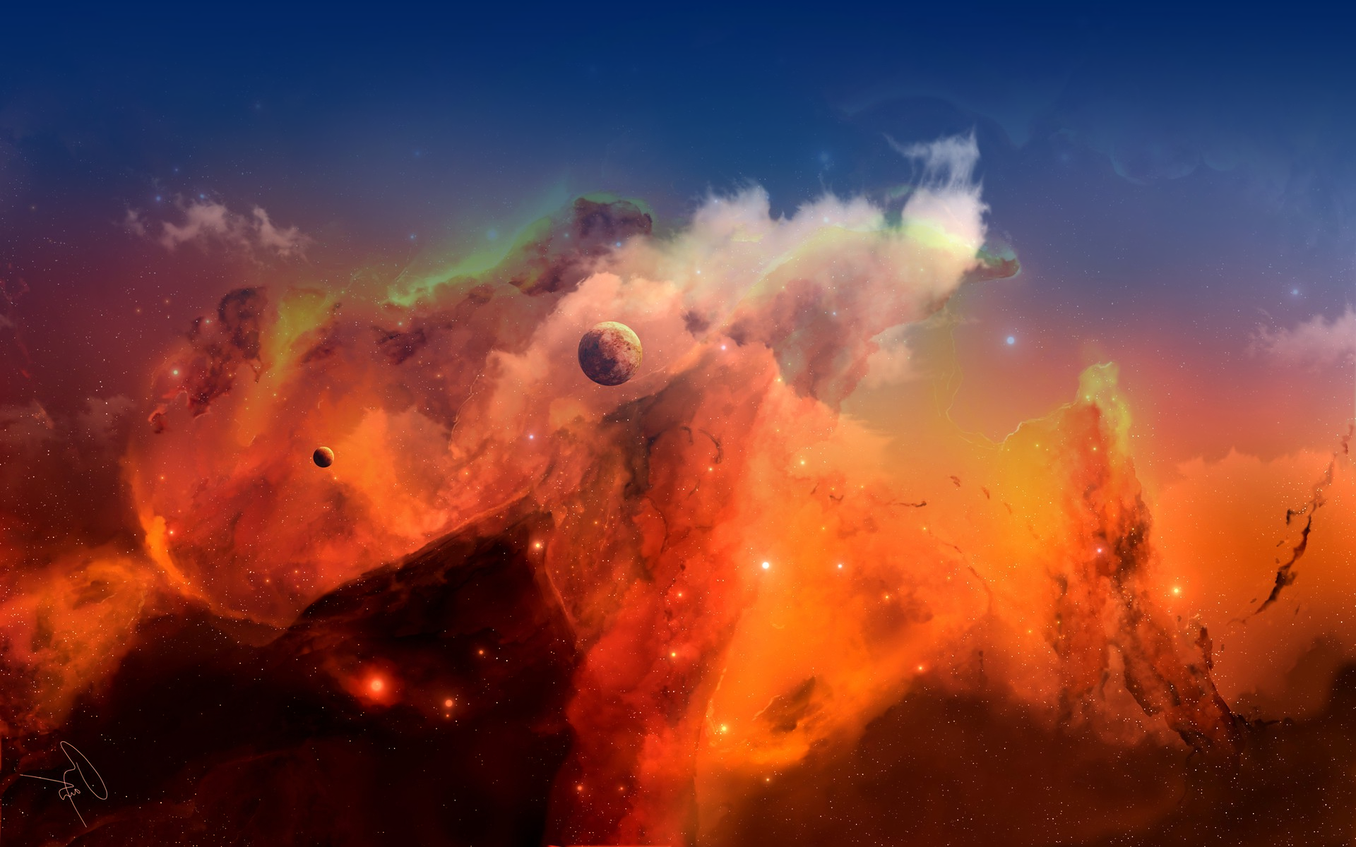 HD desktop wallpaper of an orange-hued nebula in space, featuring a distant planet surrounded by vibrant, atmospheric clouds and celestial elements, creating a captivating sci-fi scene.