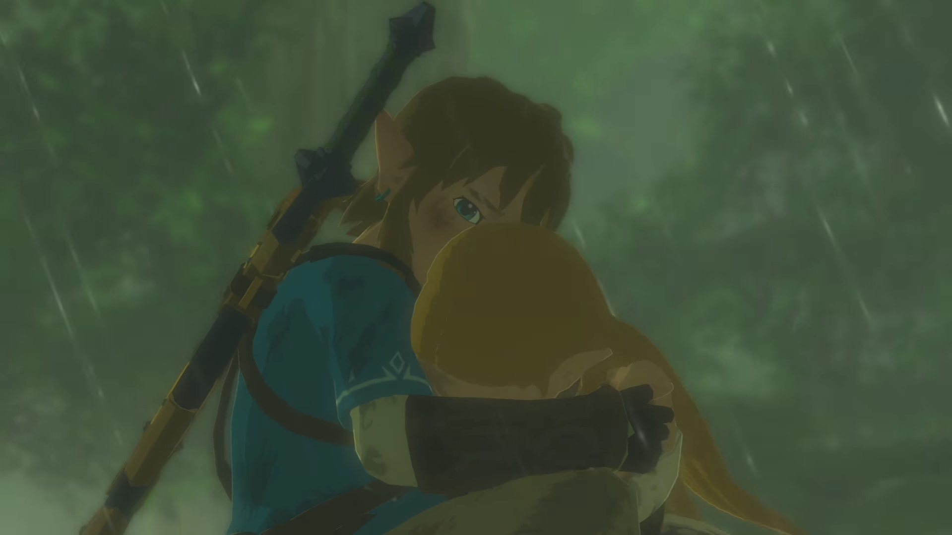 HD PC desktop wallpaper featuring a scene from the video game The Legend of Zelda: Breath of the Wild, showing Link embracing Zelda in a rainy setting.