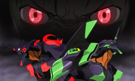 HD desktop wallpaper of Evangelion: 2.0 You Can (Not) Advance featuring two Evangelion units in combat with a shadowy figure's intense red eyes in the background.