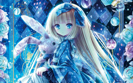Anime original HD desktop wallpaper featuring a young girl with long blonde hair in a blue dress holding a stuffed rabbit, set against a diamond-patterned background with flowers and glowing elements.