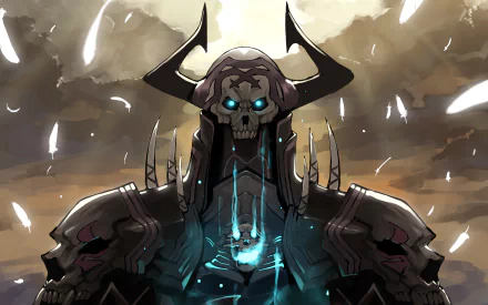 HD desktop wallpaper featuring King Hassan from the anime Fate/Grand Order, showcasing his imposing armored figure with glowing blue eyes and a dark, ominous background.