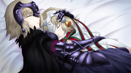 HD anime wallpaper featuring Avenger Jeanne d'Arc Alter and Jeanne d'Arc Alter (Santa Lily) from Fate/Grand Order, peacefully resting side by side.
