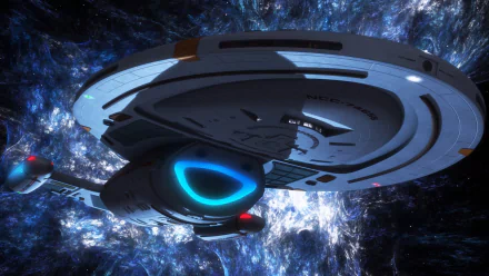 HD desktop wallpaper of the Star Trek: Voyager starship against a vibrant cosmic backdrop from the iconic Star Trek TV show.
