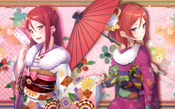 HD anime desktop wallpaper featuring Love Live! characters Maki Nishikino and Riko Sakurauchi in colorful traditional kimonos with a floral and patterned background.