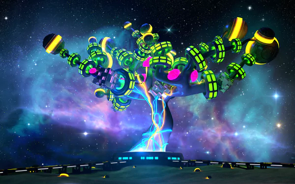 A surreal, colorful CGI image of a neon-lit 3D tree with spheres and cubes, set against a cosmic nebula background. This digital art HD wallpaper evokes a retro-futuristic space vibe.