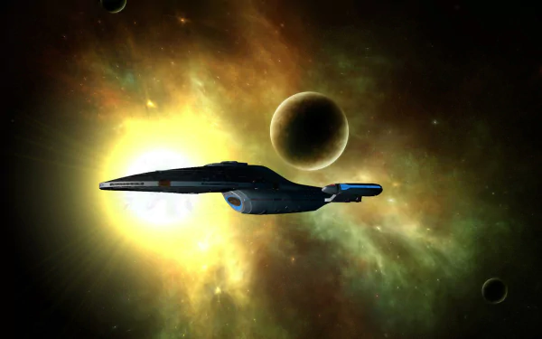 HD PC desktop wallpaper featuring the Star Trek: Voyager starship against a glowing cosmic backdrop, capturing the essence of the Star Trek TV show universe.