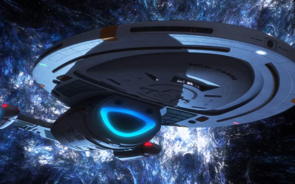 HD desktop wallpaper of the Star Trek: Voyager starship against a vibrant cosmic backdrop from the iconic Star Trek TV show.