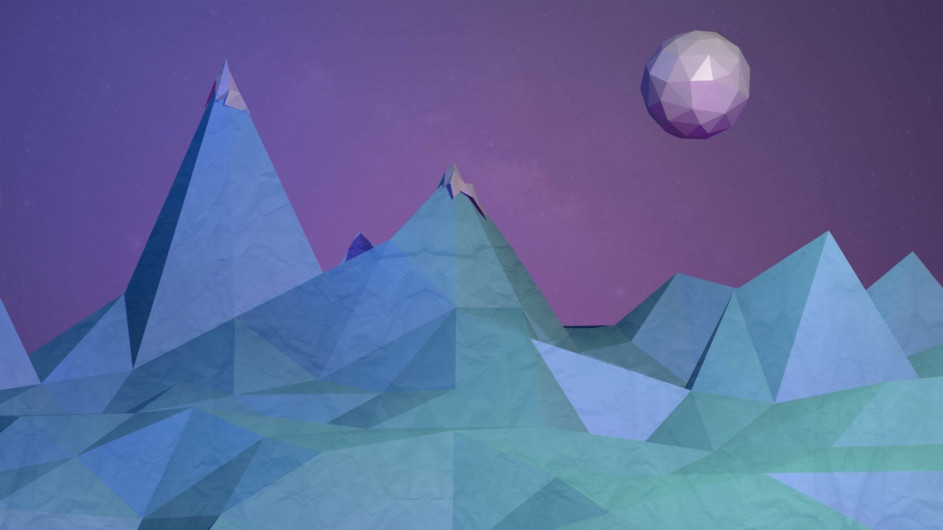 HD wallpaper featuring a low poly illustration of mountains with facets and a geometric moon on a purple sky background.