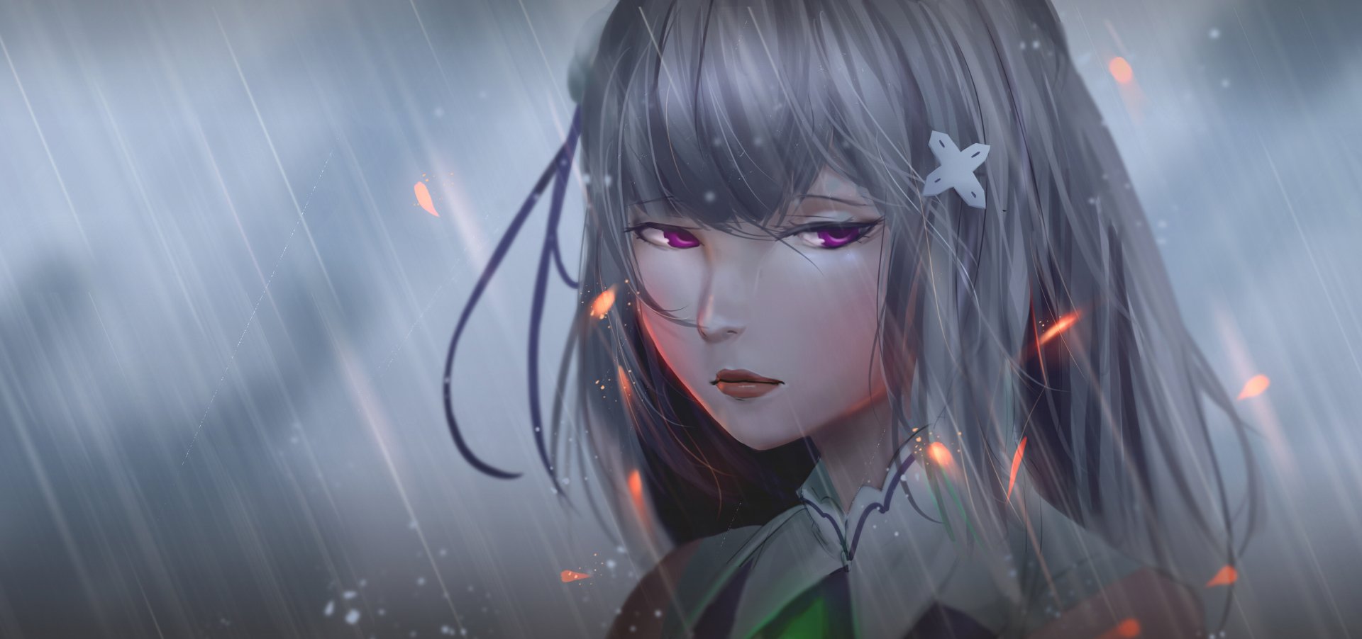HD wallpaper featuring Emilia from Re:Zero - Starting Life in Another World. The anime character is depicted with silver hair and a solemn expression under a rain-soaked, atmospheric background.