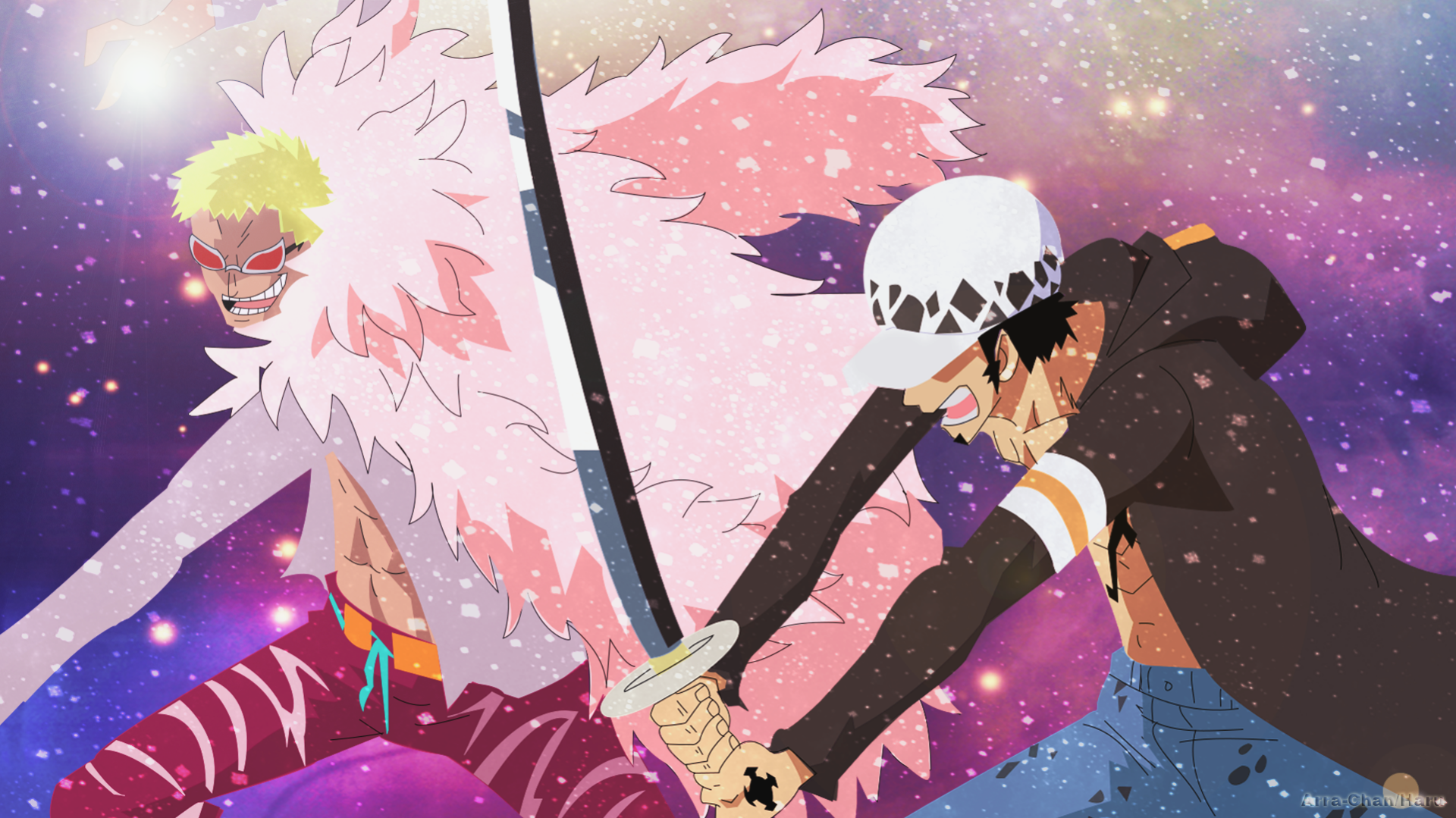 HD desktop wallpaper featuring Donquixote Doflamingo and Trafalgar Law from the anime One Piece, depicted in an intense action scene with a vibrant, cosmic background.