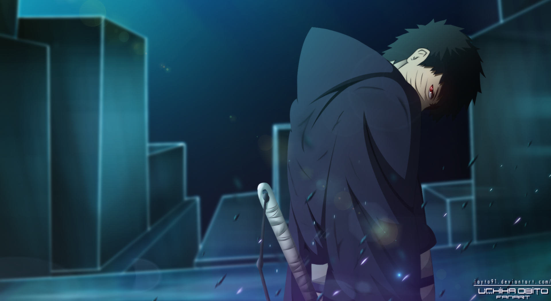 HD desktop wallpaper of Obito Uchiha from the anime Naruto, showcasing him in a dark, mysterious environment with his sword.