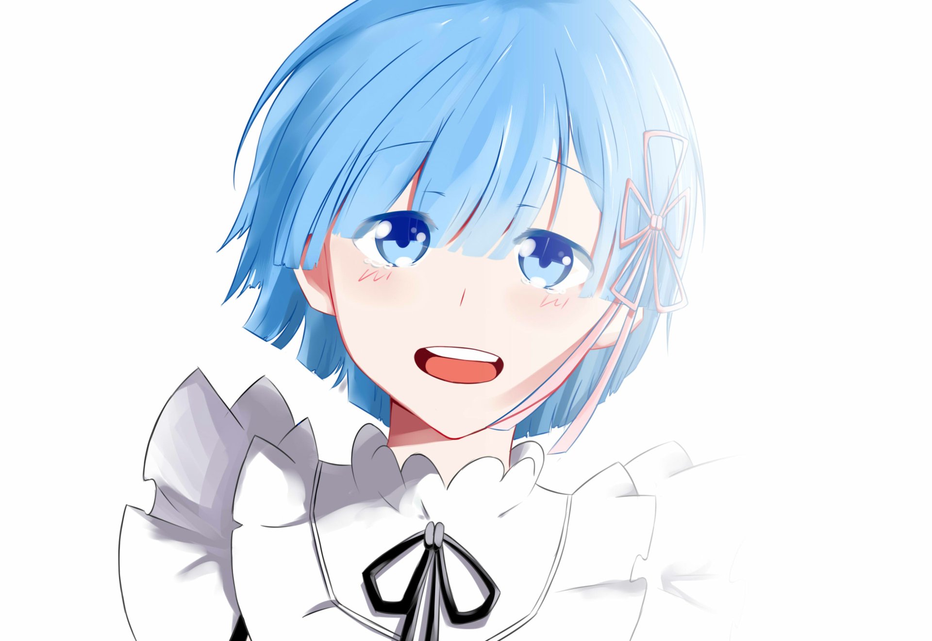 HD desktop wallpaper featuring Rem from Re:ZERO - Starting Life in Another World, with blue hair and expressive eyes, showcasing delicate art and vibrant colors.