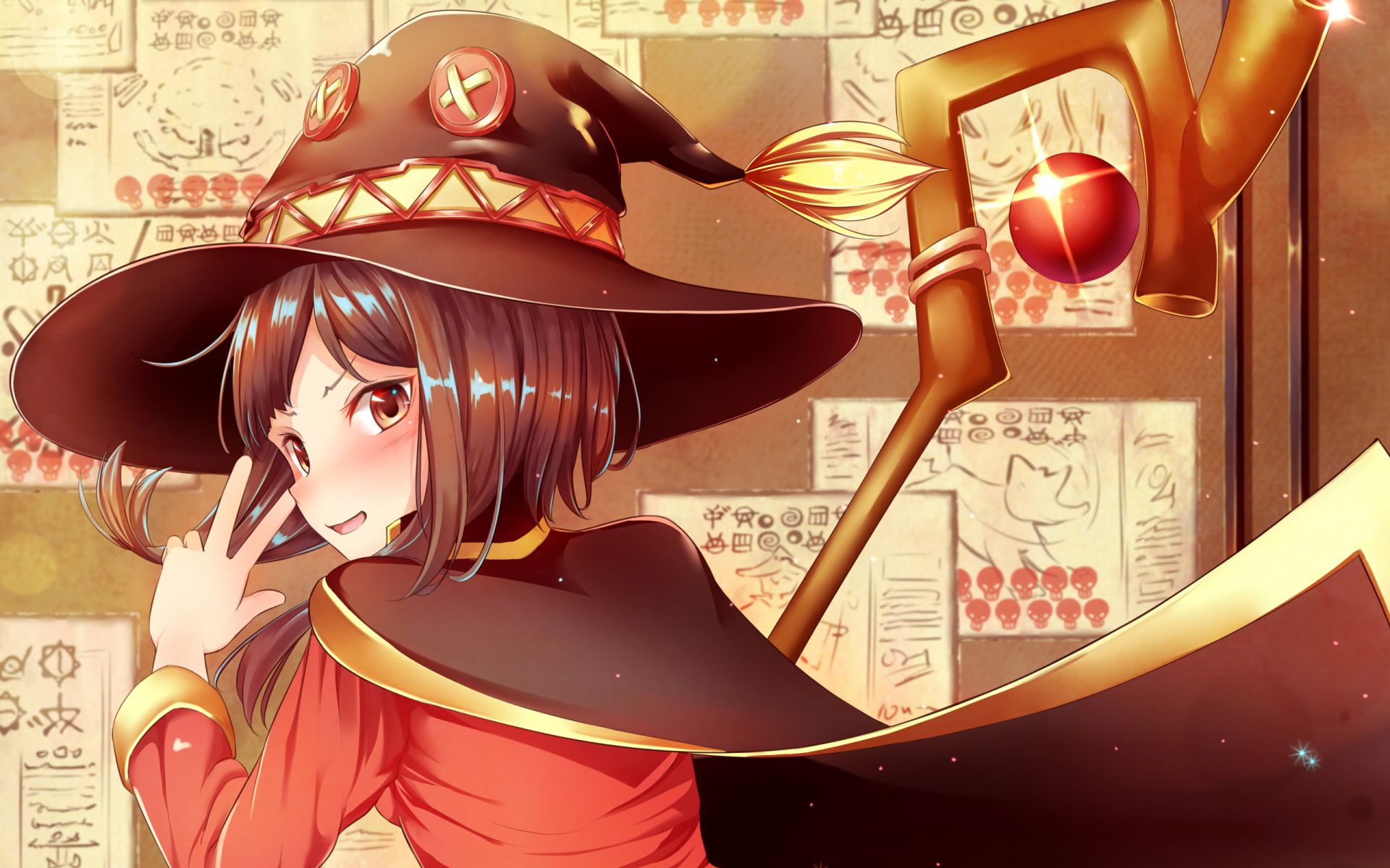 HD desktop wallpaper featuring Megumin from the anime KonoSuba: God’s Blessing on This Wonderful World!!. She is depicted in her classic wizard outfit with a background filled with magical symbols.