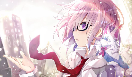 HD desktop wallpaper featuring Shielder from Fate/Grand Order with Fou on her shoulder, set against a snowy city background. This anime scene captures a serene moment with vivid, detailed artwork.