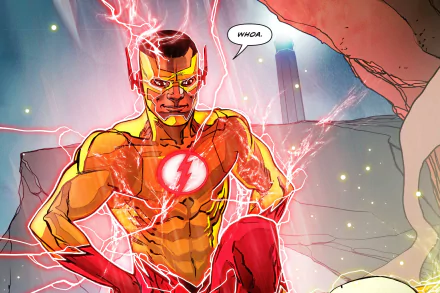 HD desktop wallpaper featuring Wallace West as Kid Flash from DC Comics, striking a dynamic pose with lightning effects around him, set against an action-packed backdrop.