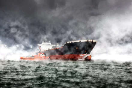 A large tanker ship moves through fog over the ocean, captured in striking 4K Ultra HD detail as a dramatic PC desktop wallpaper background.