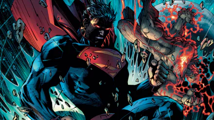 HD wallpaper of a dynamic comic scene featuring Superman in action, showcasing his iconic suit with the emblematic 'S' and red cape against a vivid background.