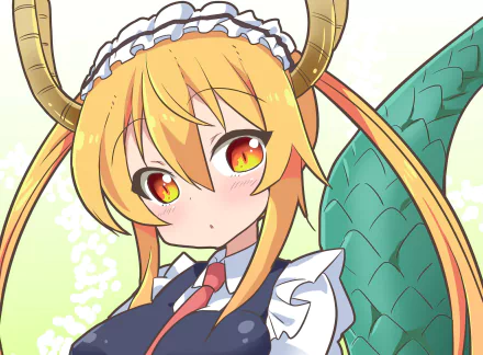 Tohru from Kobayashi-san Chi no Maid Dragon in her maid outfit, with blonde hair, dragon horns, and vibrant orange eyes. This HD desktop wallpaper captures her playful and endearing expression.