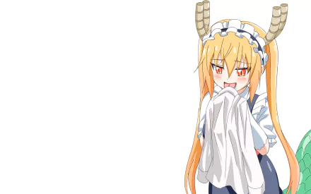 HD wallpaper featuring Tohru from Miss Kobayashi's Dragon Maid in her maid outfit, holding a piece of cloth. She stands against a white background, her dragon horns and tail visible.