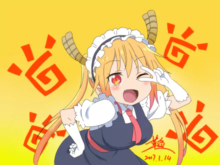 HD desktop wallpaper of Tohru from Miss Kobayashi's Dragon Maid dressed in her maid outfit, posing against a bright yellow background with red symbols.