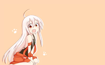 HD PC desktop wallpaper of Chiya from the anime Urara Meirochō, sitting and smiling on a peach background with small paw-print accents.