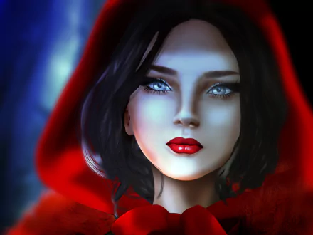 HD fantasy desktop wallpaper of a woman with striking blue eyes, red lipstick, and a red hood reminiscent of Red Riding Hood.