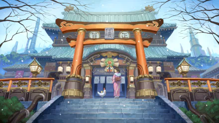 HD anime desktop wallpaper showcasing a serene temple entrance with a traditional torii gate, lanterns, and a figure in kimono under a clear sky.