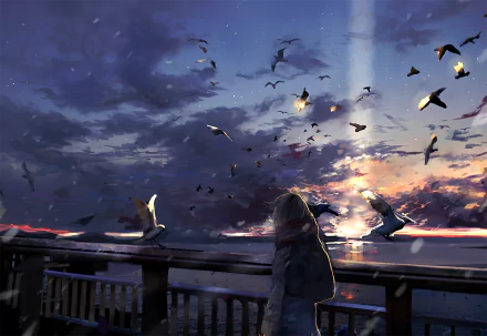 Anime-style sunset scene with a character standing on a pier, surrounded by birds in the colorful sky. HD desktop wallpaper capturing a serene moment with clouds painted in vibrant hues.