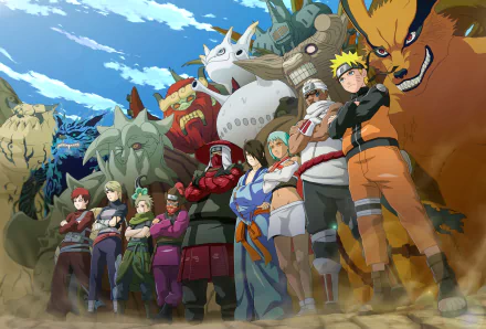 HD desktop wallpaper featuring Kyūbi, Killer Bee, Gaara, and Naruto Uzumaki from Naruto anime, standing together with vivid colors and dynamic poses against a sky backdrop.