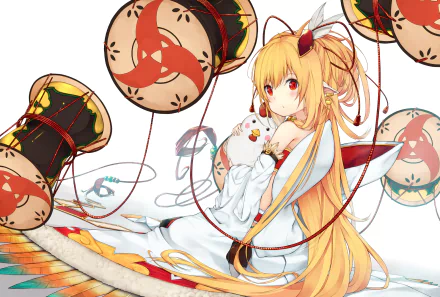 HD anime wallpaper featuring a character from Granblue Fantasy, featuring a blonde-haired girl in a white robe surrounded by decorative drums and red ribbons.