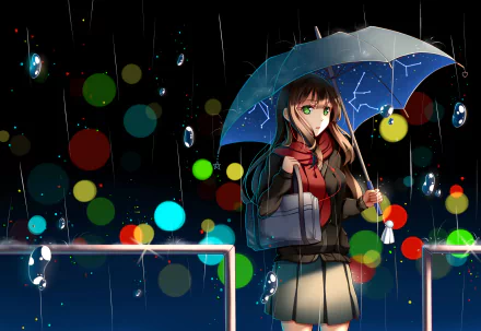 HD desktop wallpaper featuring Rin Shibuya from The iDOLM@STER Cinderella Girls, holding an umbrella with a backdrop of colorful bokeh lights and raindrops.