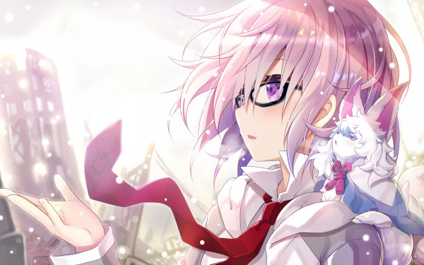 HD desktop wallpaper featuring Shielder from Fate/Grand Order with Fou on her shoulder, set against a snowy city background. This anime scene captures a serene moment with vivid, detailed artwork.
