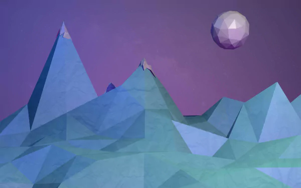 HD wallpaper featuring a low poly illustration of mountains with facets and a geometric moon on a purple sky background.