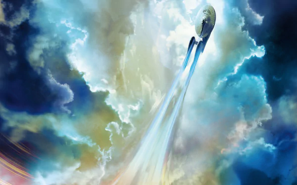 HD PC desktop wallpaper featuring the starship Enterprise soaring through vibrant clouds, inspired by the Star Trek Beyond movie.