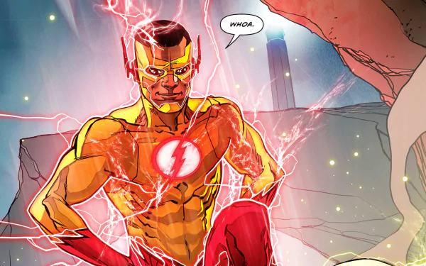 HD desktop wallpaper featuring Wallace West as Kid Flash from DC Comics, striking a dynamic pose with lightning effects around him, set against an action-packed backdrop.